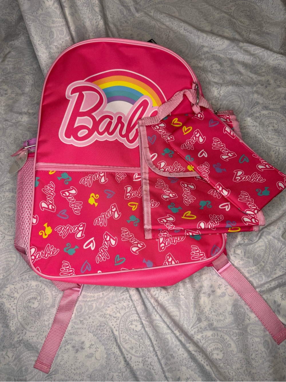 Barbie Hot Pink 5 piece Backpack Set- Matching Pouch, Lunch Bag, Bottle, Clip